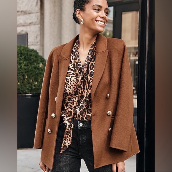 Express Hand Sewn Wool Blend Double Breasted Novelty Button Brown Blazer Jacket - Picture 4 of 15